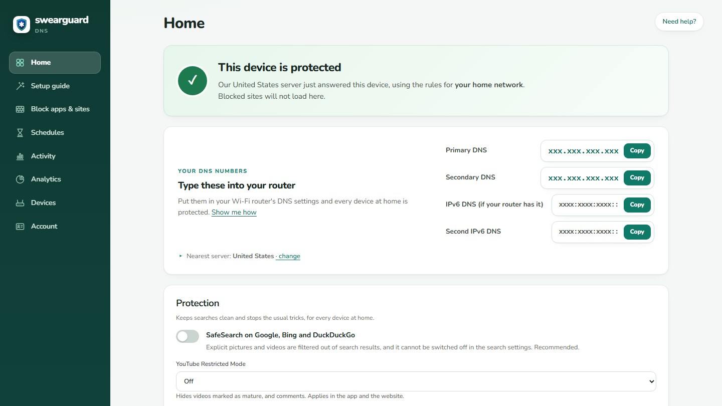 SwearGuard DNS portal home: a green 